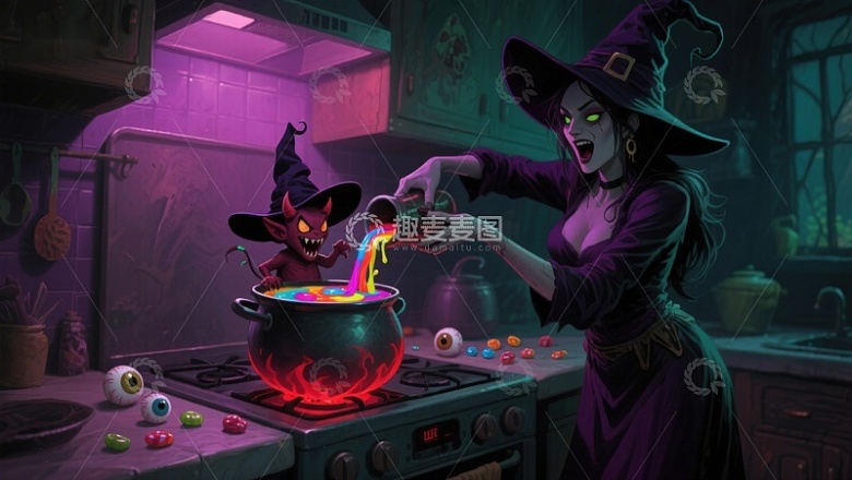 女巫与小恶魔在厨房炼制魔法药水