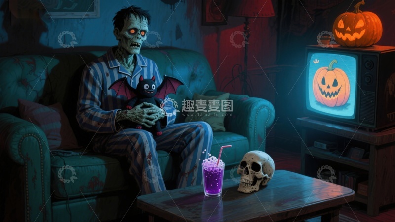 高清大图下载【趣麦麦图】僵尸与宠物观看南瓜灯电视