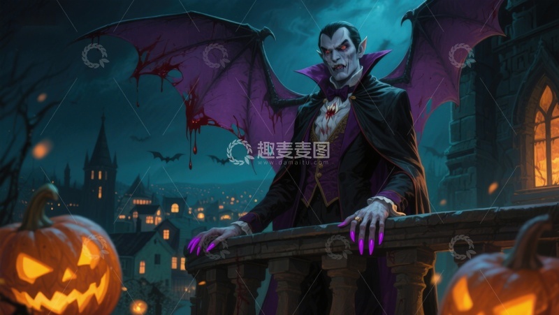 高清大图下载【趣麦麦图】夜幕下的吸血鬼与南瓜灯
