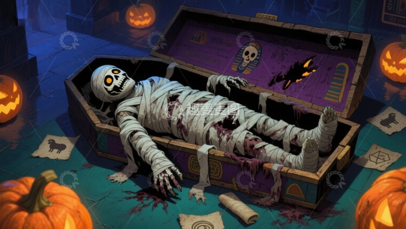 高清大图下载【趣麦麦图】木乃伊躺在棺材中，万圣节氛围浓厚