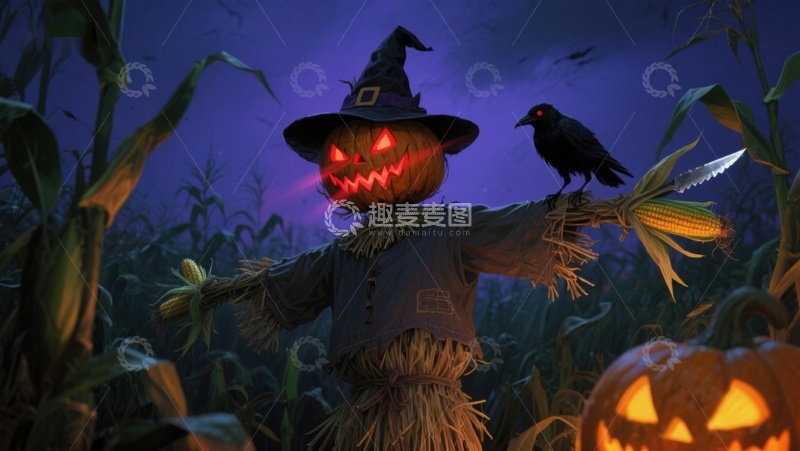 高清大图下载【趣麦麦图】万圣节稻草人与南瓜灯