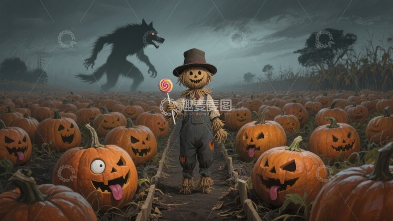 高清大图下载【趣麦麦图】南瓜田中的稻草人与狼人