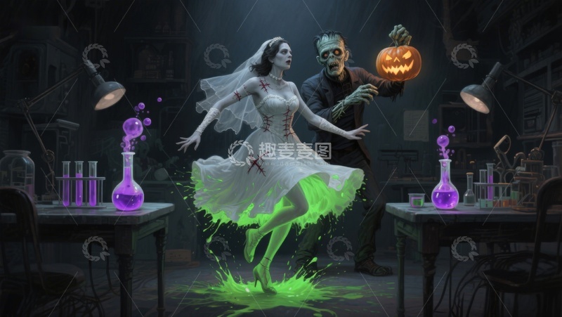 高清大图下载【趣麦麦图】-幽灵新娘与僵尸共舞