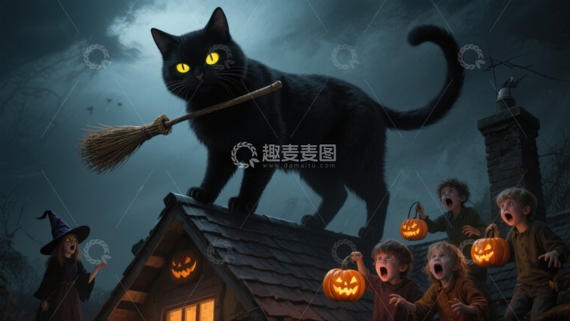高清大图下载【趣麦麦图】黑猫屋顶骑扫帚，孩童南瓜灯惊呼