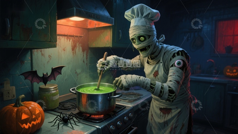 高清大图下载【趣麦麦图】木乃伊厨师在厨房烹饪绿色汤