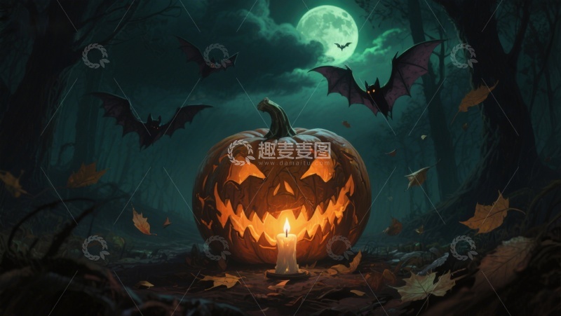 高清大图下载【趣麦麦图】万圣节南瓜灯与夜空飞蝠