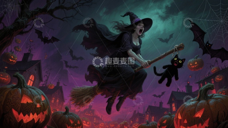 高清大图下载【趣麦麦图】万圣夜女巫骑扫帚飞过南瓜灯小镇