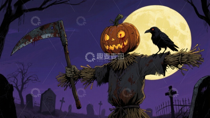 高清大图下载【趣麦麦图】万圣节南瓜头稻草人手持镰刀