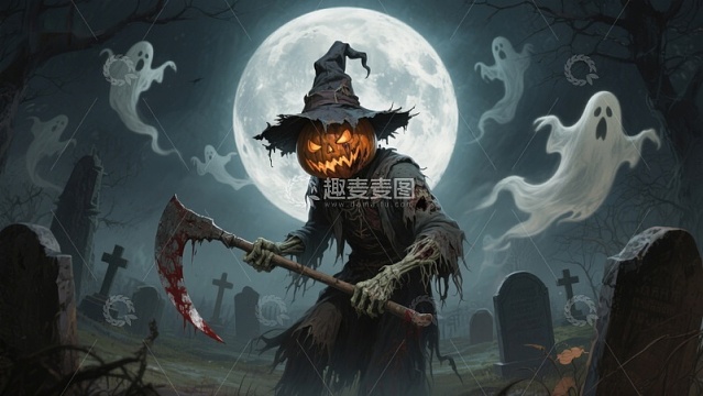 万圣夜南瓜头巫师与幽灵