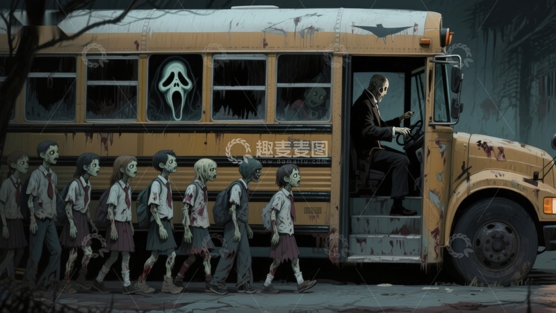 高清大图下载【趣麦麦图】恐怖校车与僵尸儿童