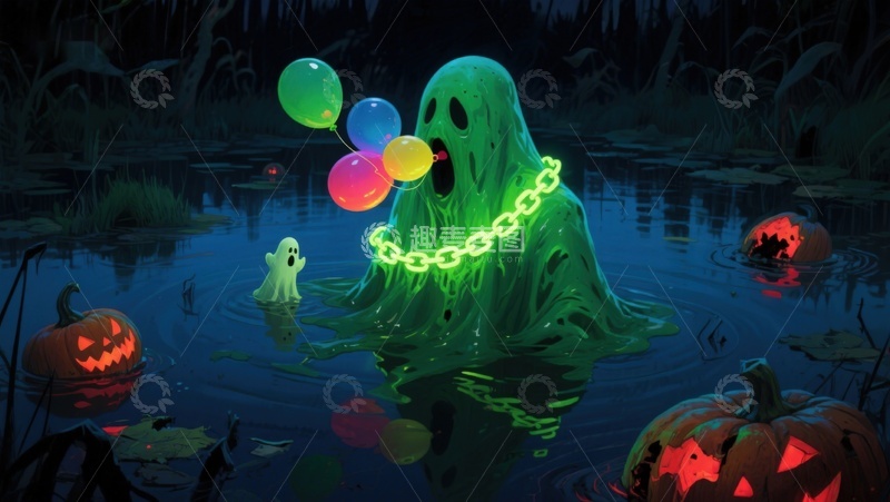 高清大图下载【趣麦麦图】幽灵手持气球，夜色沼泽中的万圣节奇景