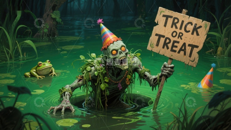 高清大图下载【趣麦麦图】沼泽僵尸手持&ldquo;不给糖就捣蛋&rdquo;牌子