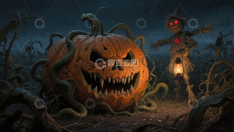 高清大图下载【趣麦麦图】恐怖南瓜与稻草人夜景
