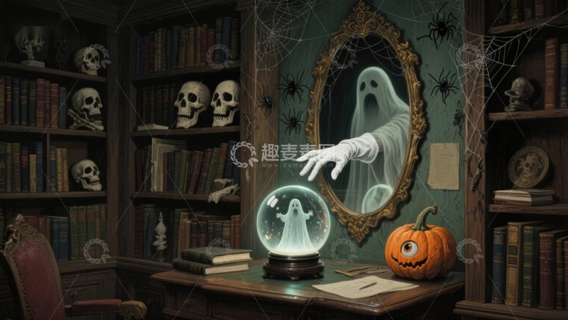 高清大图下载【趣麦麦图】幽灵书房：神秘水晶球与南瓜灯