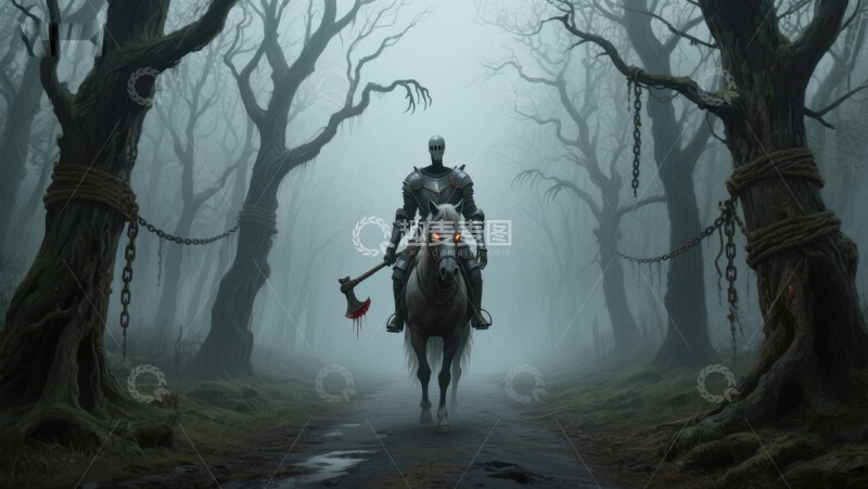 高清大图下载【趣麦麦图】幽暗森林中的骑士与白马