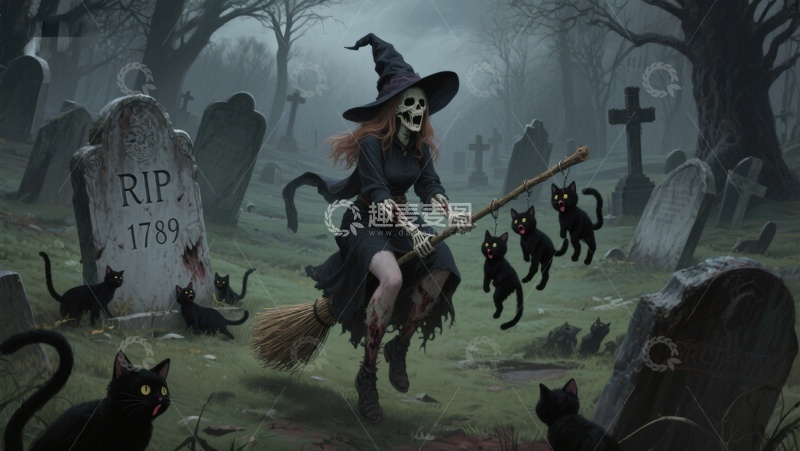 高清大图下载【趣麦麦图】墓地中的女巫与黑猫