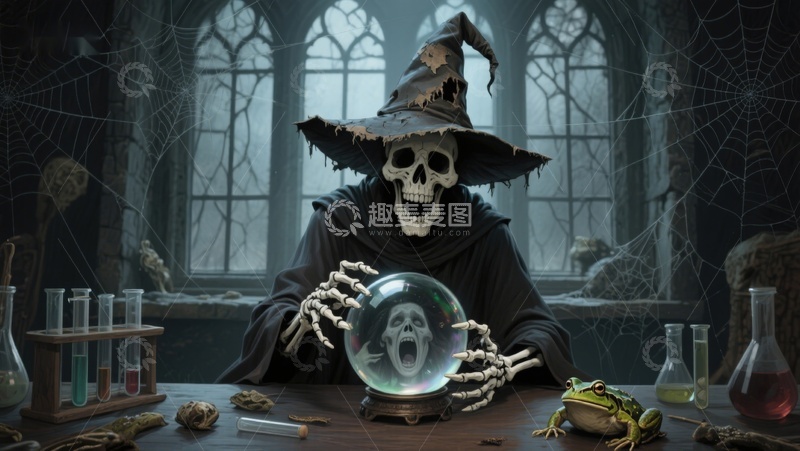 高清大图下载【趣麦麦图】骷髅巫师凝视水晶球