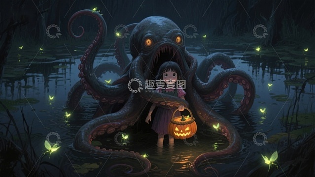 小女孩与神秘水怪在萤火虫环绕的夜晚