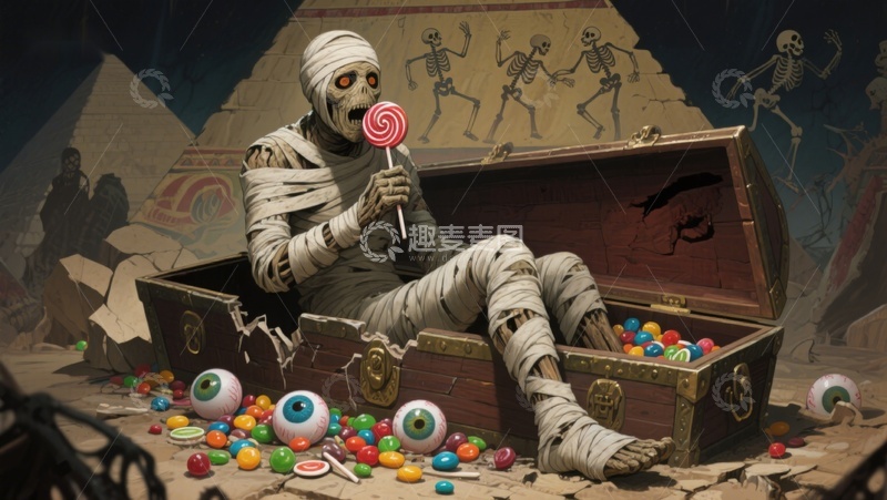 高清大图下载【趣麦麦图】木乃伊手持糖果棒，宝箱散落眼球与糖果