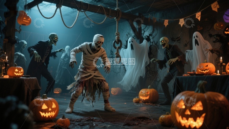高清大图下载【趣麦麦图】万圣节恐怖场景：木乃伊与幽灵的狂欢