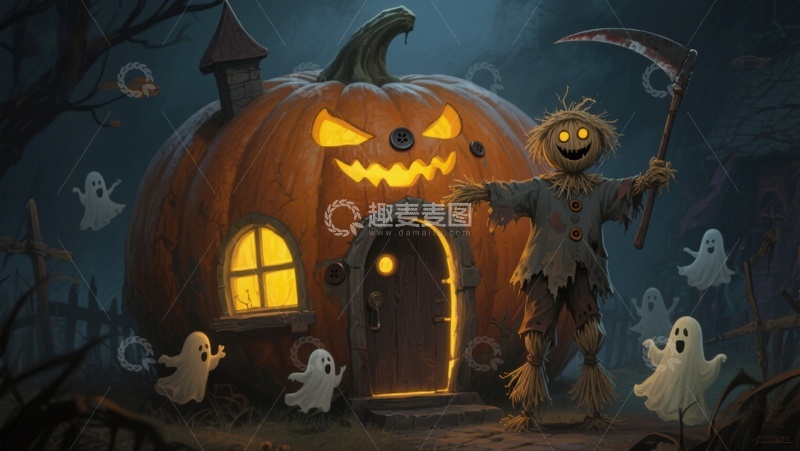 高清大图下载【趣麦麦图】南瓜屋与稻草人：万圣节夜景