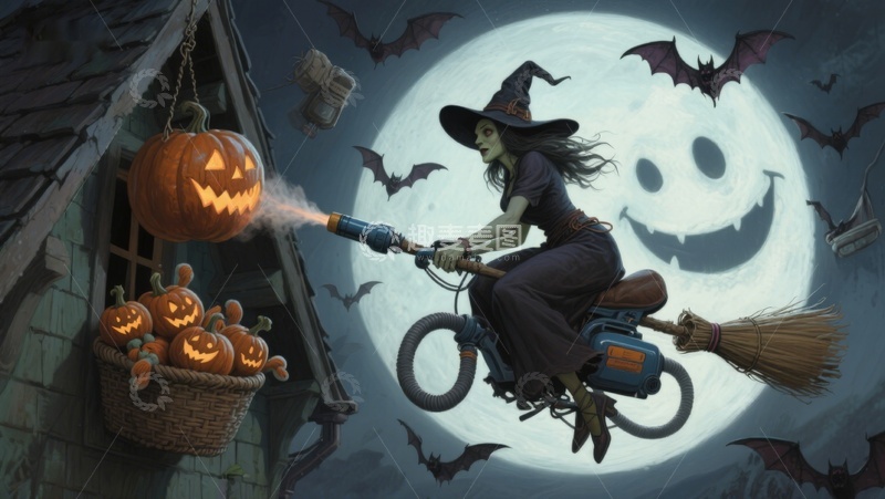 高清大图下载【趣麦麦图】巫师骑扫帚喷南瓜灯，满月夜飞行