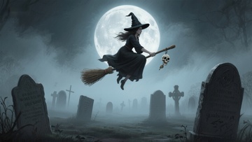 月夜墓地，女巫骑扫帚飞翔