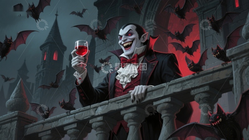 高清大图下载【趣麦麦图】吸血鬼手持红酒杯，夜空蝙蝠环绕