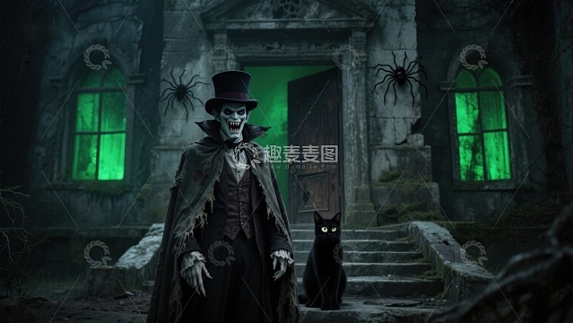 幽灵般人物在神秘绿光古宅前