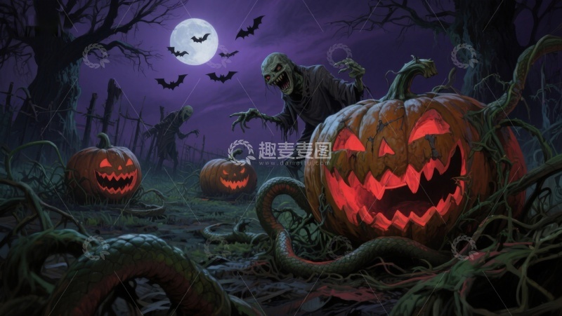高清大图下载【趣麦麦图】万圣夜恐怖南瓜与僵尸
