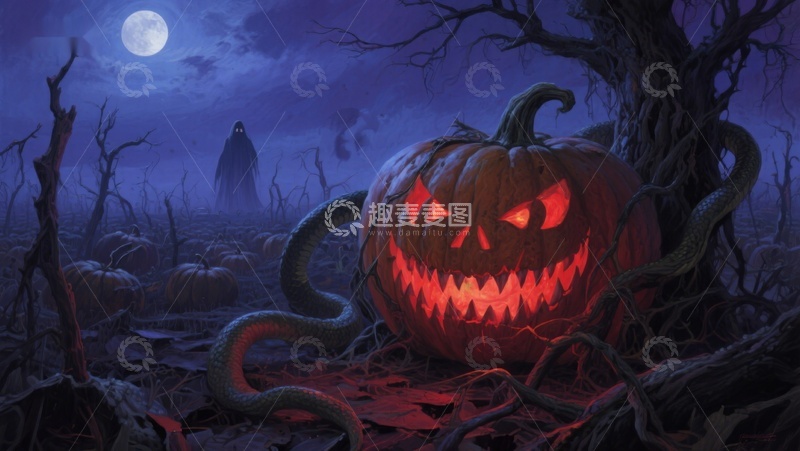 高清大图下载【趣麦麦图】月夜下的南瓜灯与幽灵