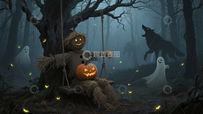 高清大图下载【趣麦麦图】万圣节森林中的南瓜灯稻草人