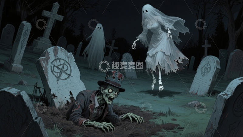 高清大图下载【趣麦麦图】墓地幽灵与僵尸的夜景
