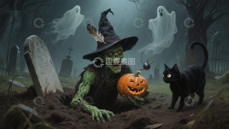 高清大图下载【趣麦麦图】万圣夜墓地巫师与黑猫