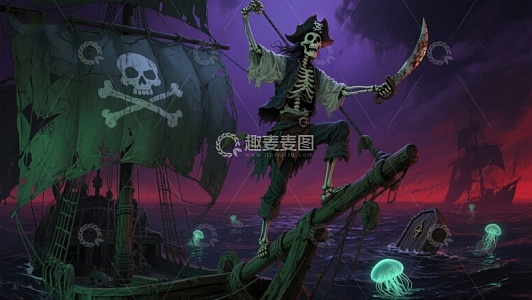 骷髅海盗挥剑于幽灵船头