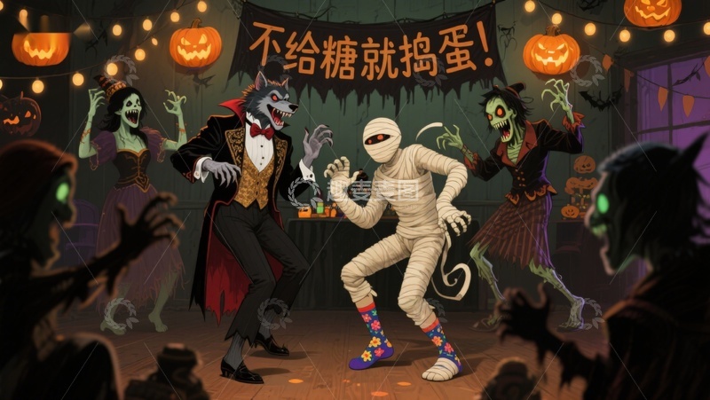 高清大图下载【趣麦麦图】万圣节派对：妖怪们欢乐舞动