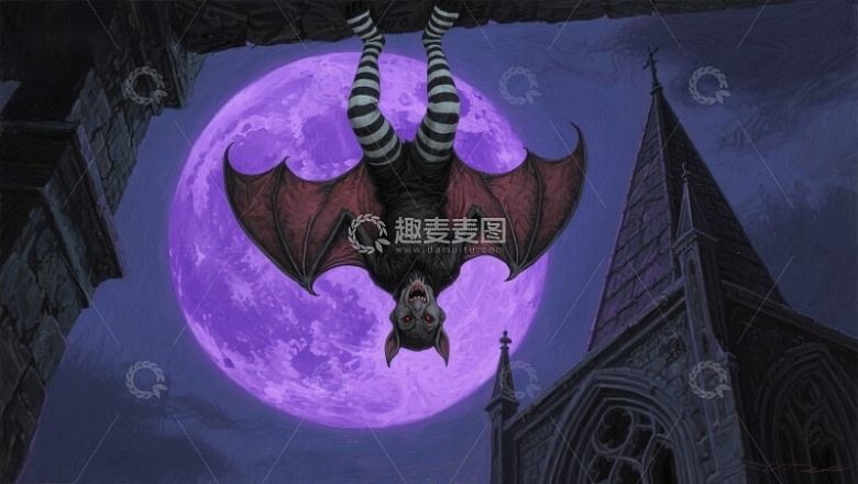 夜空下的恶魔翅膀与紫色满月