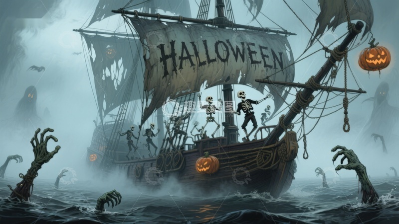 高清大图下载【趣麦麦图】万圣节幽灵海盗船