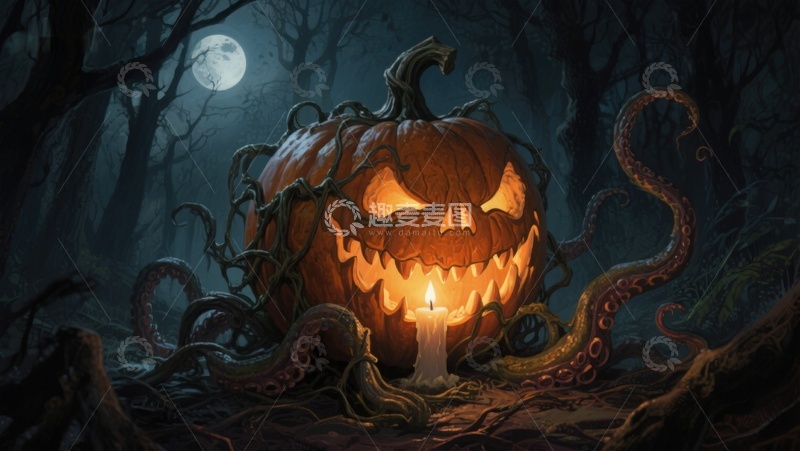 高清大图下载【趣麦麦图】幽暗森林中的南瓜灯与触手