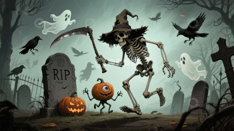 高清大图下载【趣麦麦图】万圣节骷髅与南瓜灯的墓地场景
