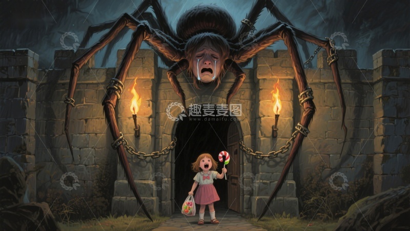 高清大图下载【趣麦麦图】小女孩与巨大蜘蛛守卫的城堡