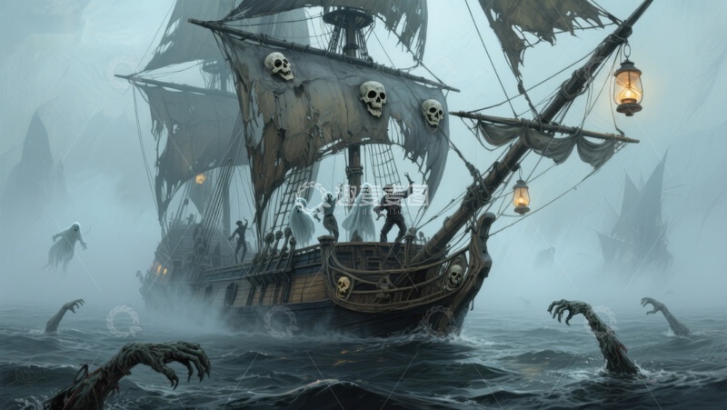 高清大图下载【趣麦麦图】幽灵海盗船在迷雾中航行