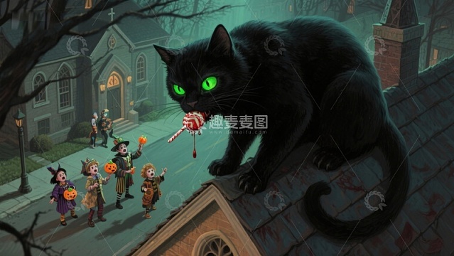 万圣夜黑猫屋顶俯视孩童
