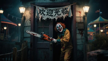 恐怖小丑手持电锯，游乐园夜景