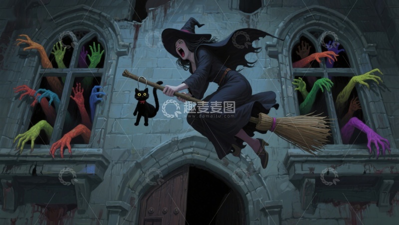 高清大图下载【趣麦麦图】女巫骑扫帚飞过鬼屋，窗外手臂伸展
