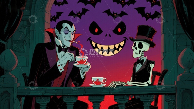高清大图下载【趣麦麦图】吸血鬼与骷髅的茶会