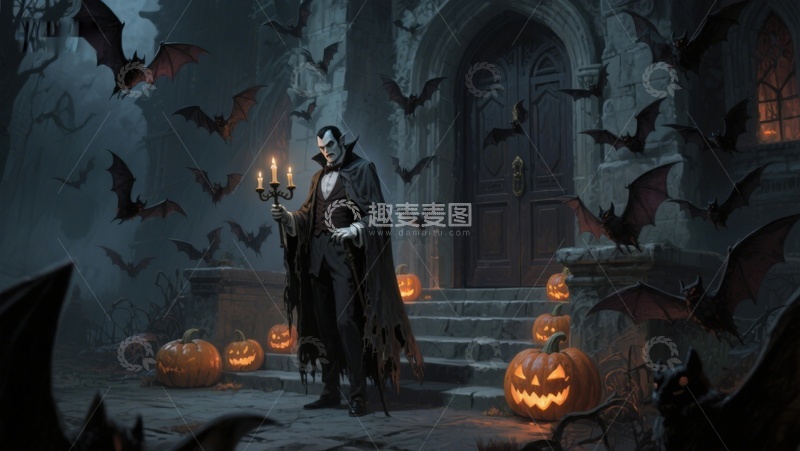 神秘人物手持烛台，门前南瓜灯与蝙蝠环绕