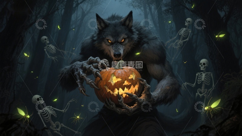 高清大图下载【趣麦麦图】狼人手持南瓜灯，幽暗森林中的万圣节景象
