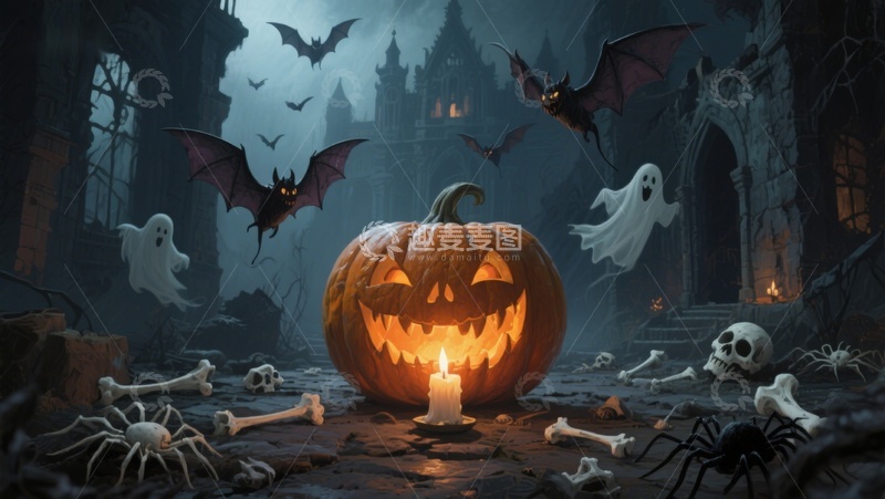 高清大图下载【趣麦麦图】万圣节夜景：南瓜灯与幽灵蝙蝠