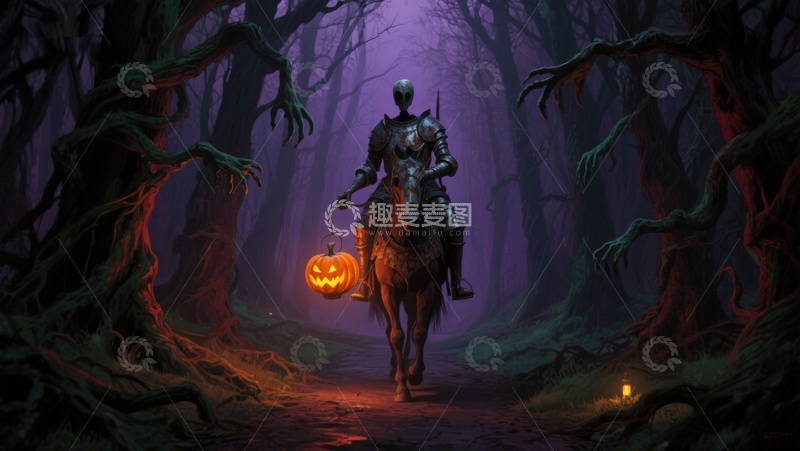 幽暗森林中的骑士与南瓜灯